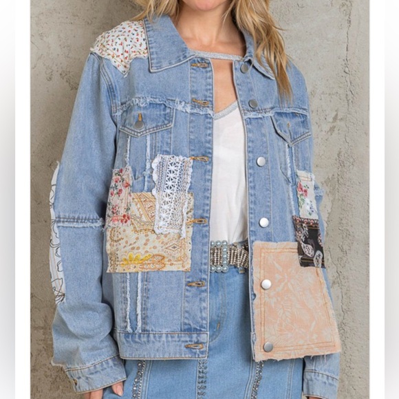 POL Oversized Patchwork Denim Jean Jacket Size Medium Boho Vintage - Picture 8 of 9